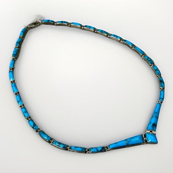 VTG Taxco Sterling Silver 950 Turquoise Inlay Hinged Panel Collar Necklace 22.7g - Picture 13 of 16
